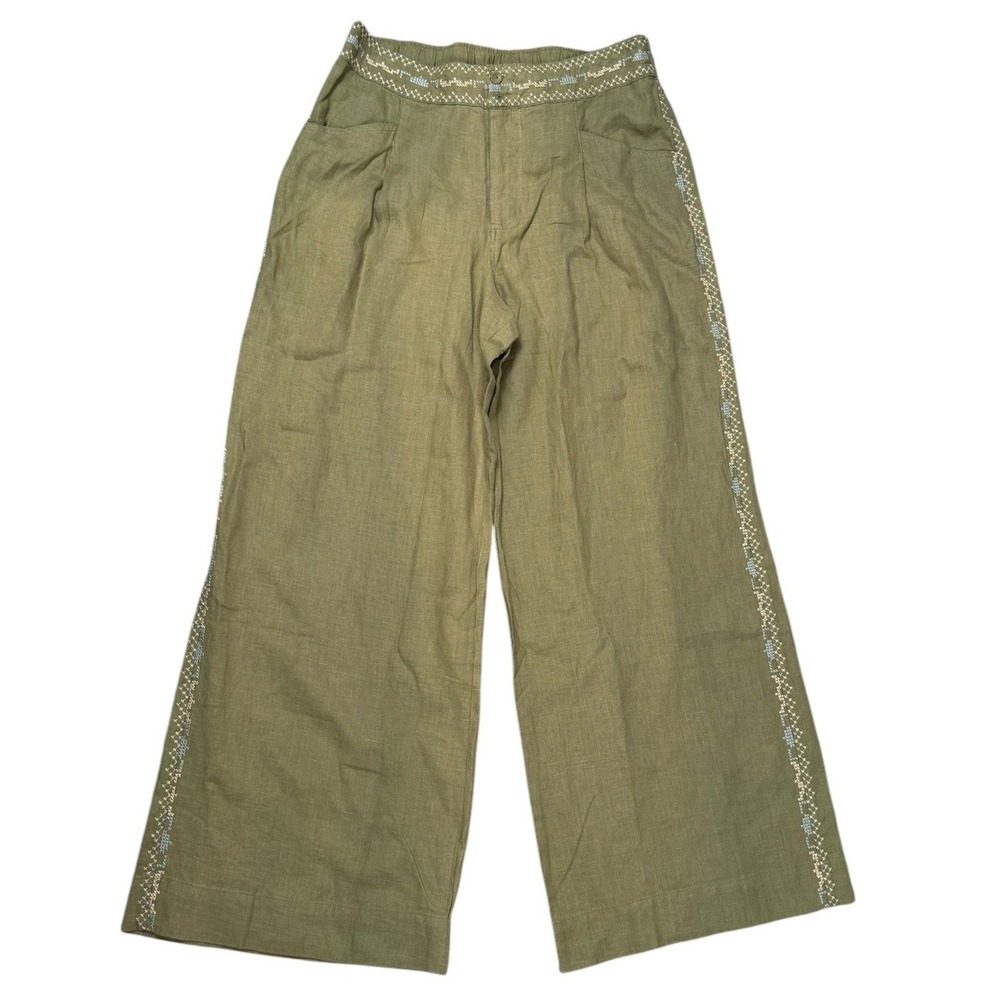 Johnny Was Gloria embroidered wide leg linen pants olive green